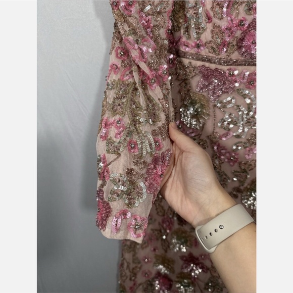 NWT‎ $498 Mac Duggal [ 12 ] Sequined Puff Sleeve High Neck Dress Rose Pink - Picture 16 of 16